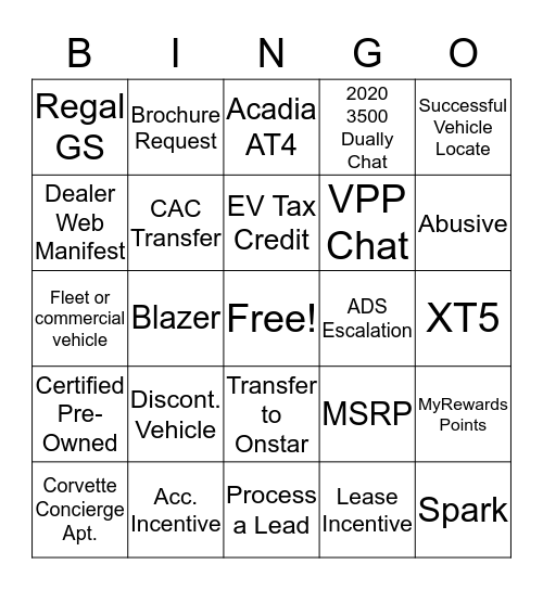 Shadowing Bingo Card