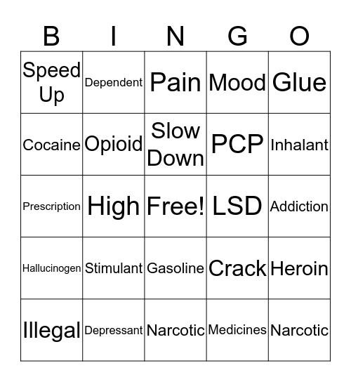 Street and Prescription Drugs  Bingo Card