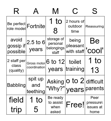 Child Care Bingo Card