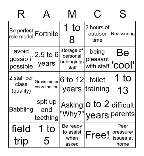 Child Care Bingo Card