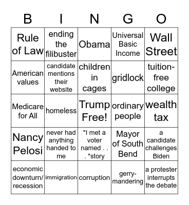 November Democratic Debate Bingo Card