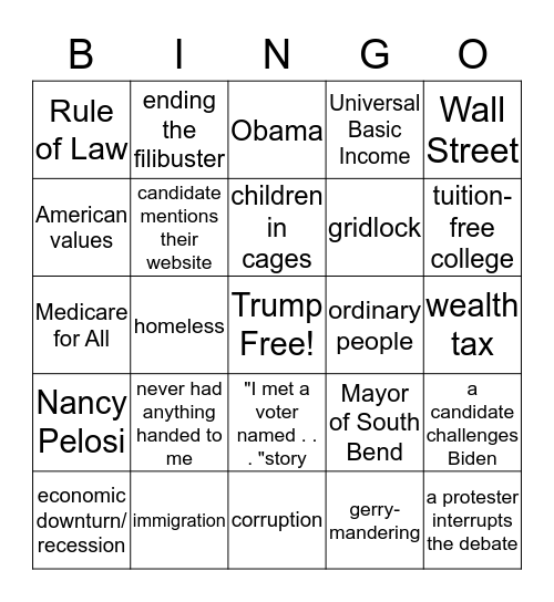 November Democratic Debate Bingo Card