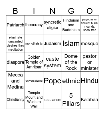 Religion Bingo Card