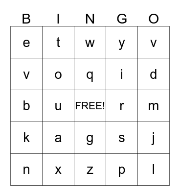 Lowercase Alphabet Bingo Card