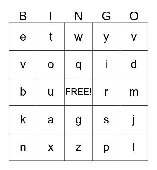 Lowercase Alphabet Bingo Card