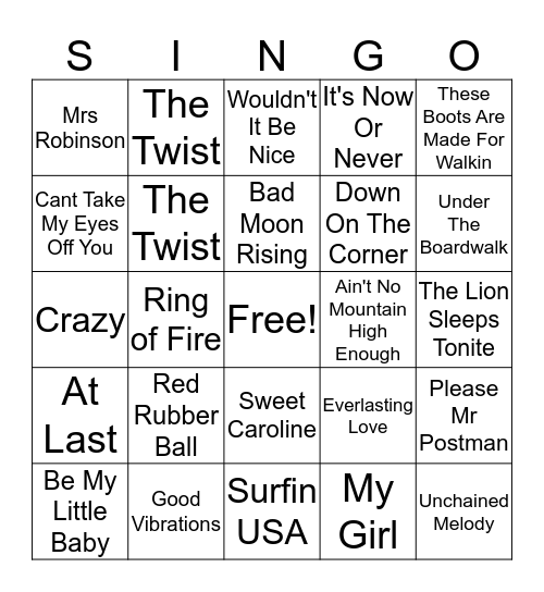 SWEET HARMONY'S - The 60's Music Bingo Card