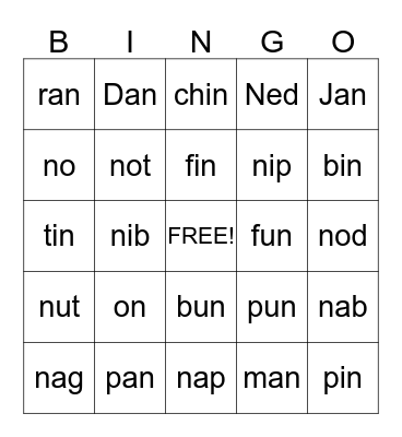 Letter N Bingo Orton Lesson 19 Bingo Card