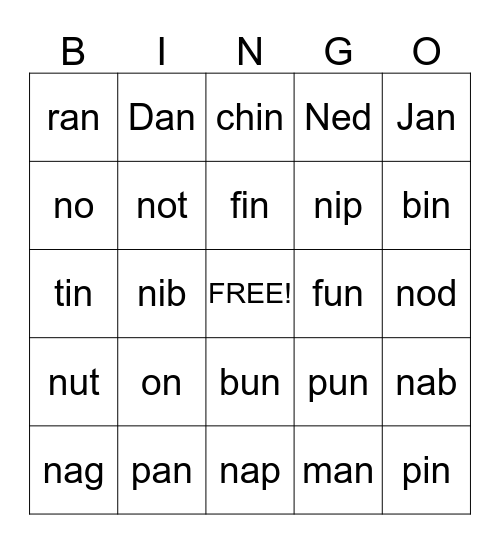 Letter N Bingo Orton Lesson 19 Bingo Card
