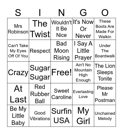 SWEET HARMONY'S - The 60's Music Bingo Card