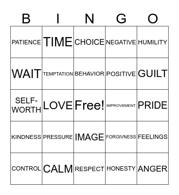 SELF CONTROL BINGO Card