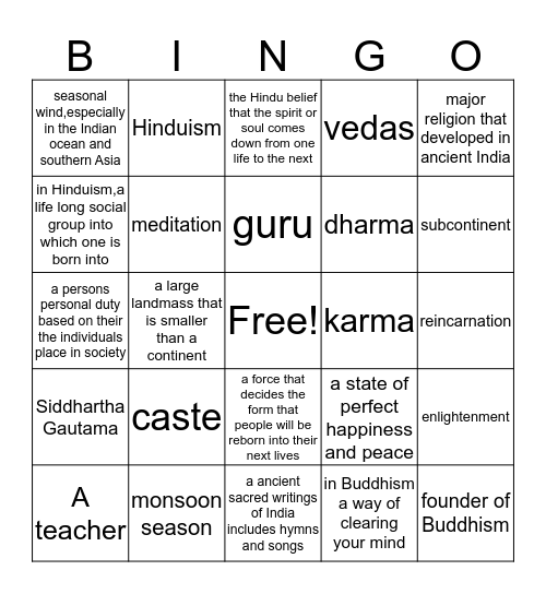 ANCIENT INDIA BINGO BOARD Bingo Card