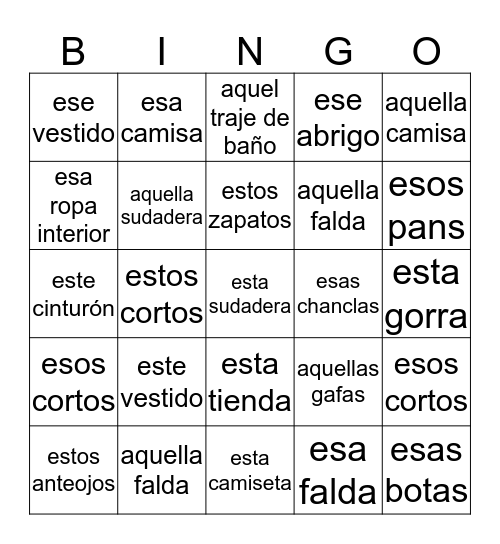 La ropa Bingo Card