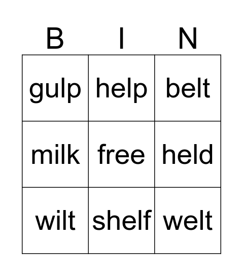 Ending L Blends Bingo Card