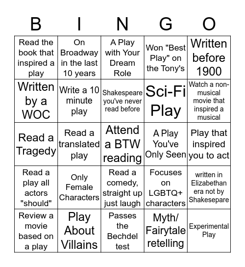 Buffalo Theatre Workshop Bingo Card