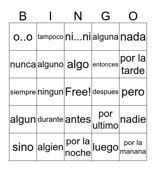 Words Bingo Card