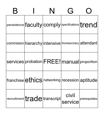 WORKPLACE AND CAREERS  Bingo Card