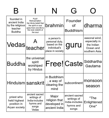 India Vocab Bingo Card