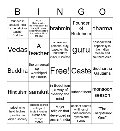 India Vocab Bingo Card