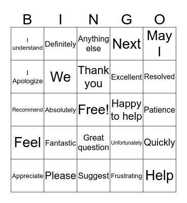 Customer Service Bingo Card