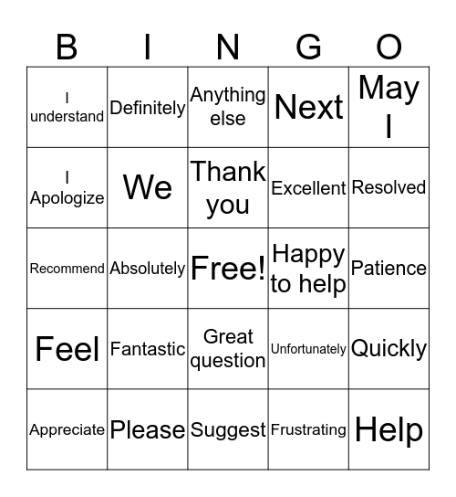 Customer Service Bingo Card