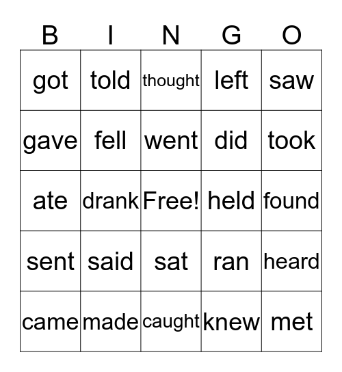 Irregular Verb Bingo Card