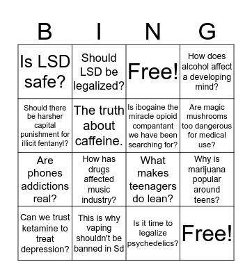 Drug Awareness Bingo Card