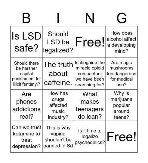 Drug Awareness Bingo Card