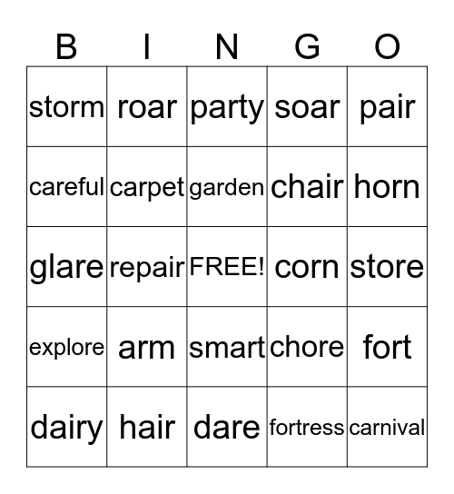 R Controlled Vowels Bingo Card