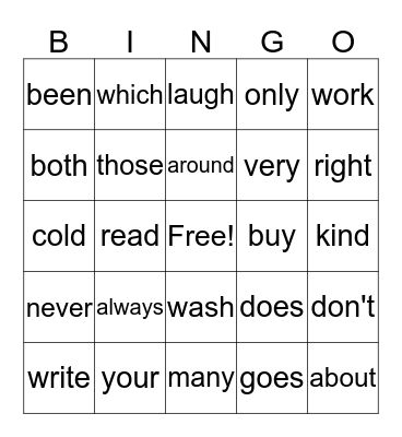 High-Frequency Words Bingo Card
