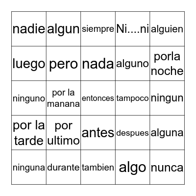 spanish Bingo Card