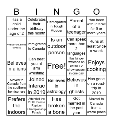 Interac Corp Social Bingo Card
