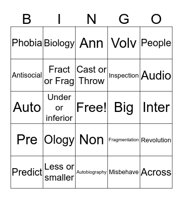 Greek and Latin Roots Bingo Card