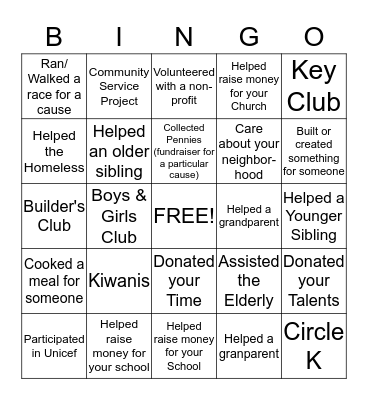 Kiwanis Builder's Club Bingo Card