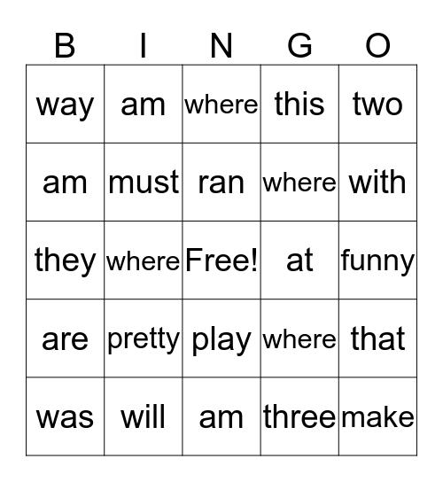 High Frequency Word BINGO Card