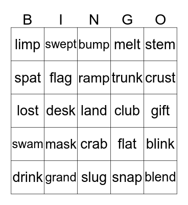 Clusters Short Vowel KU6 Bingo Card