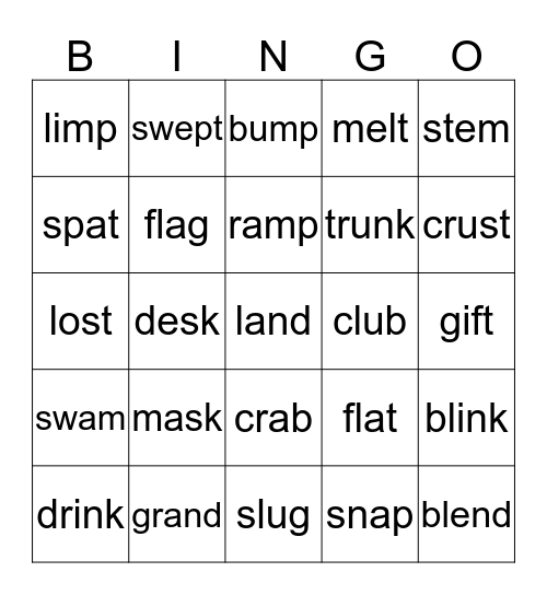 Clusters Short Vowel KU6 Bingo Card