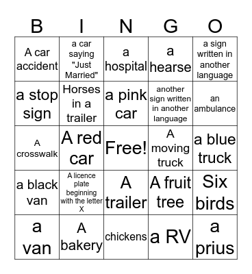 Car trip Bingo: What can you find? Bingo Card