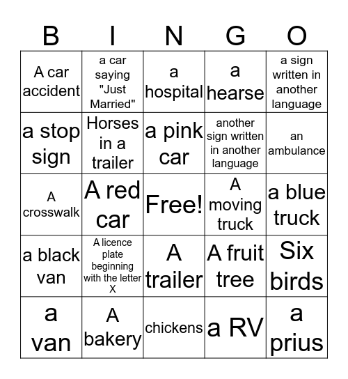 Car trip Bingo: What can you find? Bingo Card