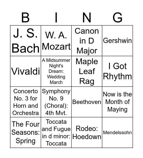 MUSIC MEMORY Bingo Card