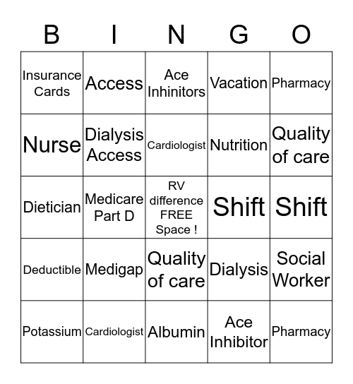 Dialysis Bingo Card