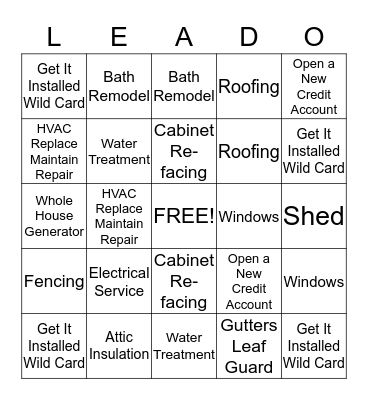 Home Services Bingo Card