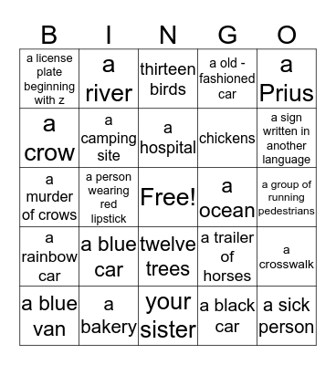 Road trip Bingo card two Bingo Card