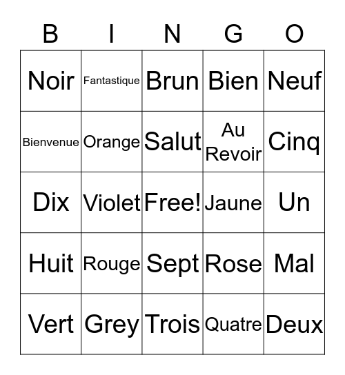 French Colors, Numbers & Greetings  Bingo Card
