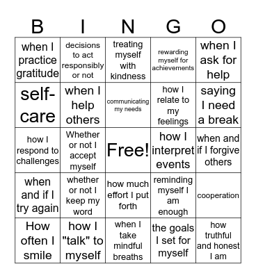Things I Can Control Bingo Card