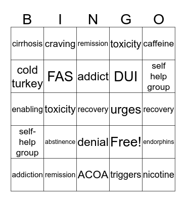 Addiction & Recovery Bingo Card
