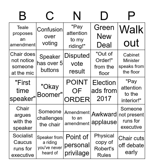 BC NDP Convention 2019 Bingo Card