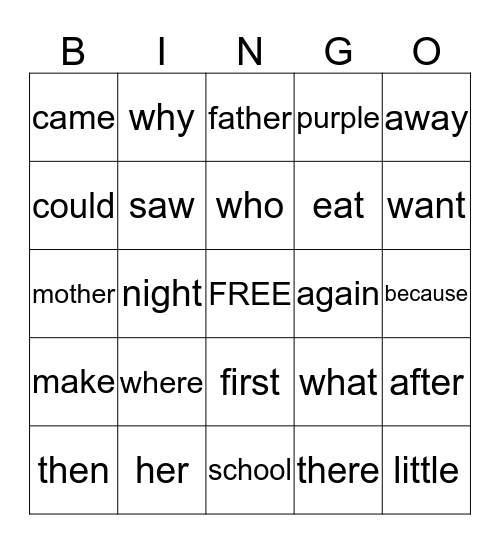 Erin's High Frequency Words Bingo Card