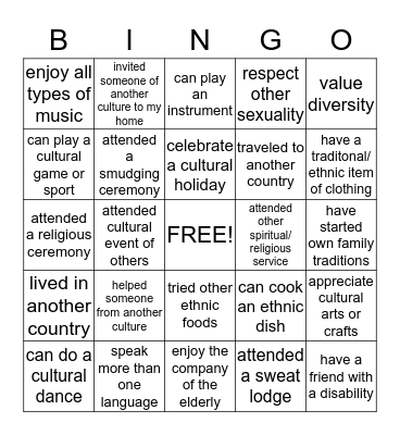 Multi-Cultural Bingo Card