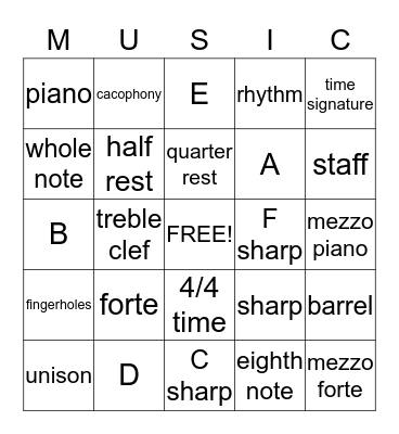 Beginner Music Theory Bingo Card
