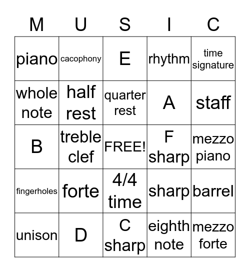 Beginner Music Theory Bingo Card